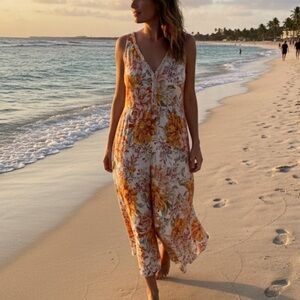 Ebfive size small linen maxi Floral Sleeveless Beach Dress